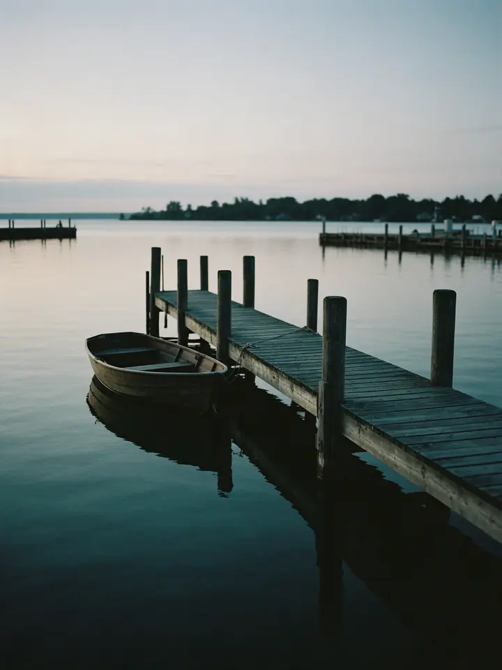 A wooden dock and rowboat on calm water at dusk