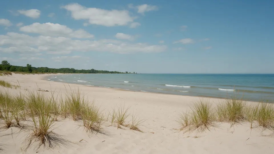 A sandy lake beach with dune grass on a clear summer day