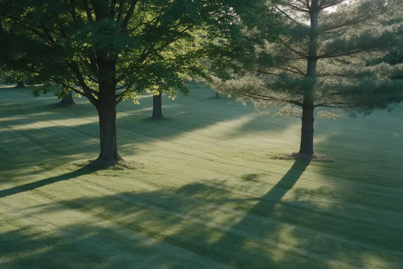 A mowed lawn under mature trees in late sun